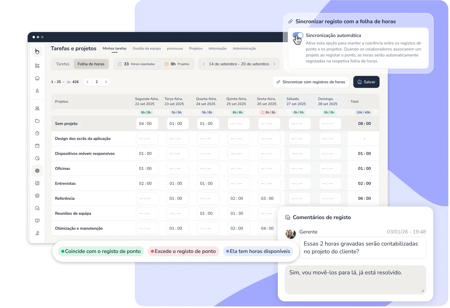 Folha de horas por projeto e cliente