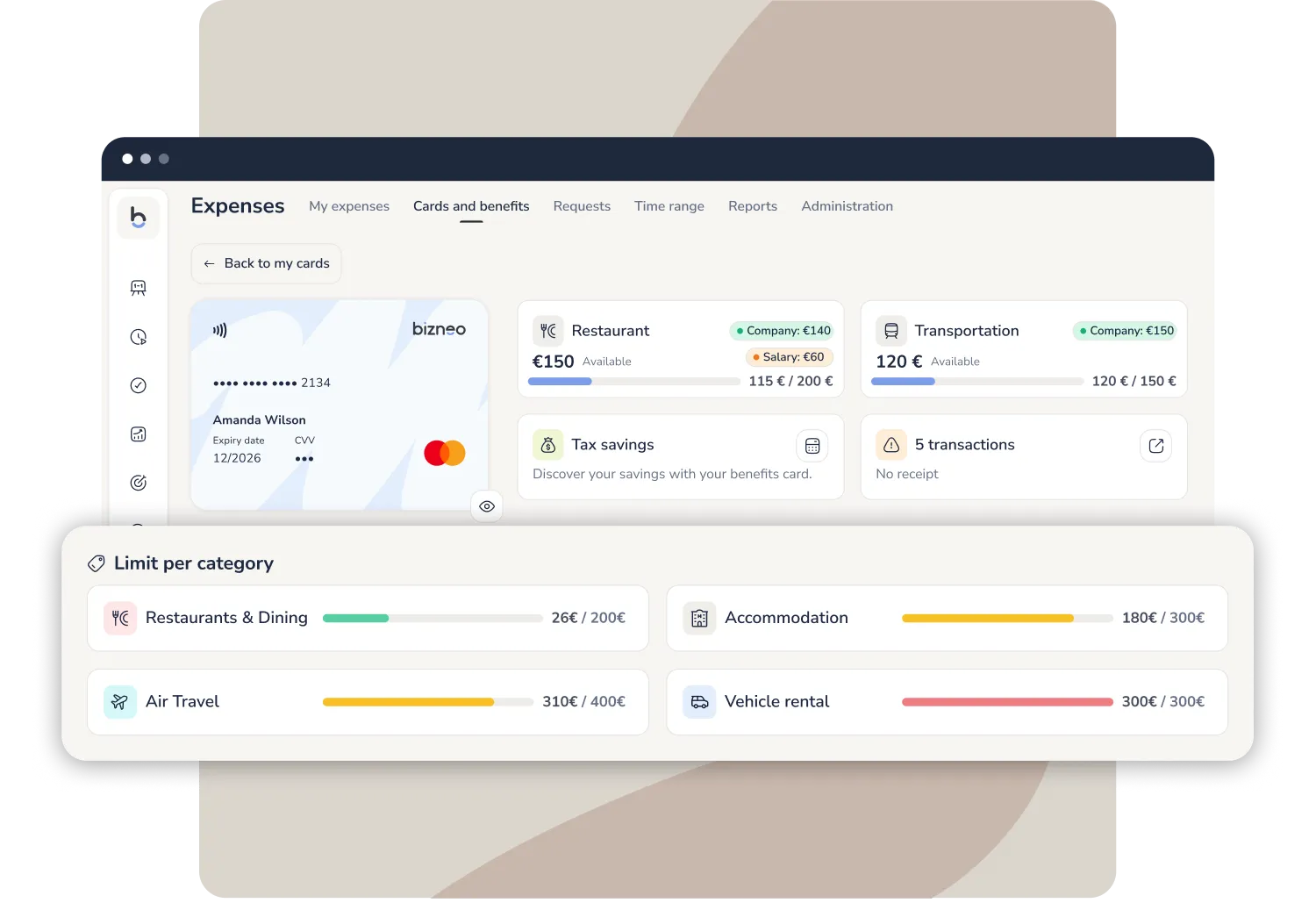 Balance control panel for a company expense card with amounts available per category