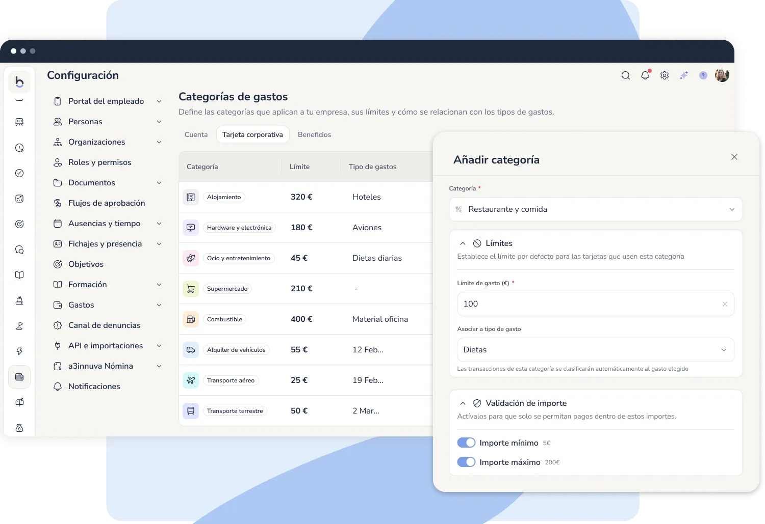 Configuración tarjeta corporativa (limites y categorías)