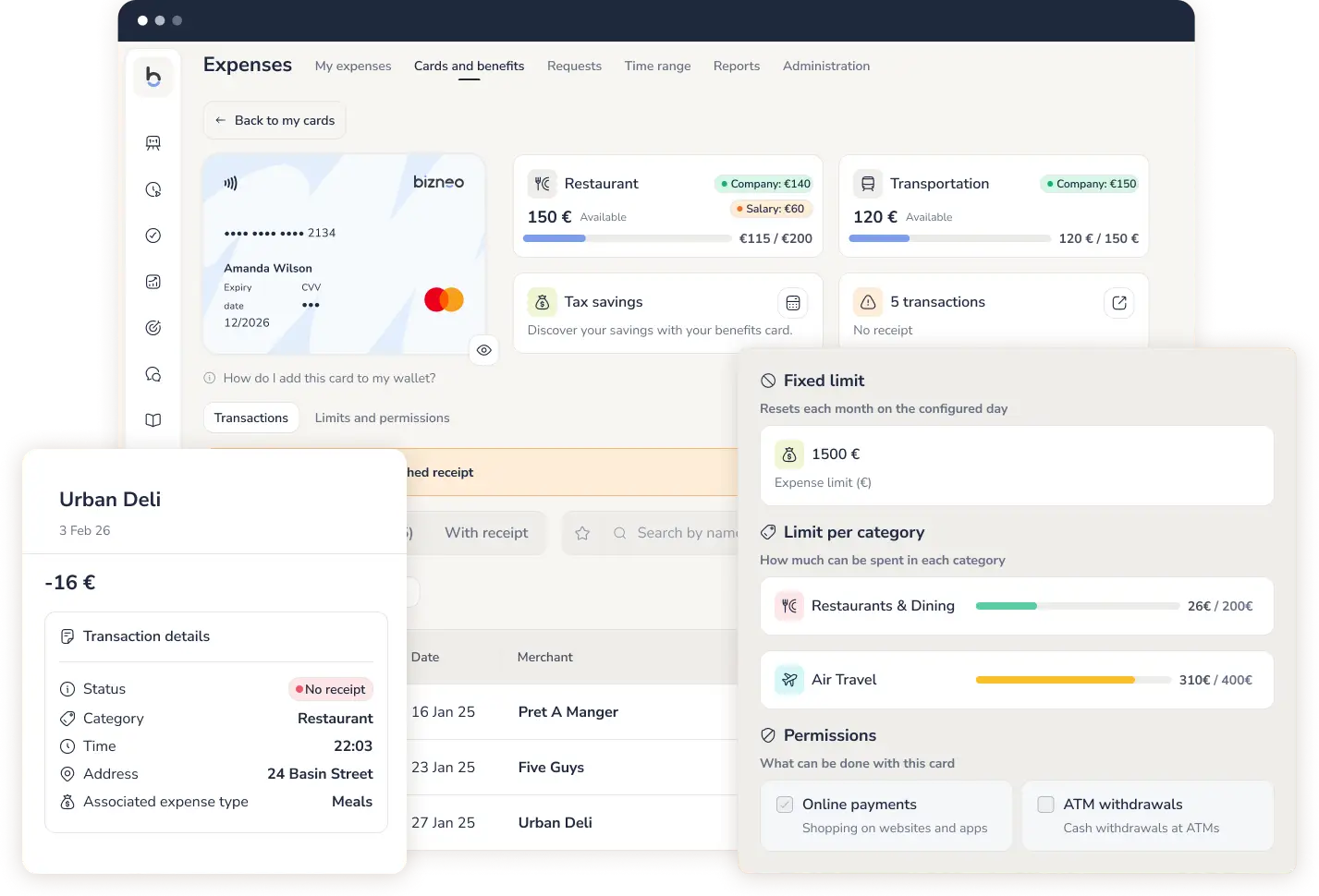 Bizneo virtual corporate card for managing employee expenses