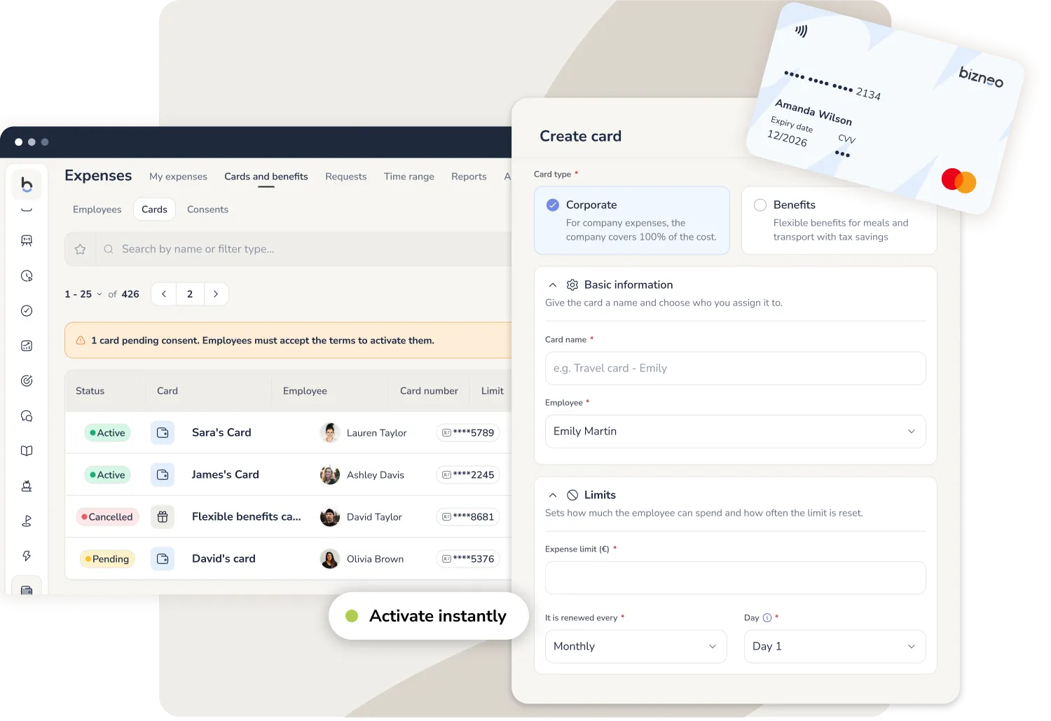 Creating a corporate card from the employee's profile in Bizneo
