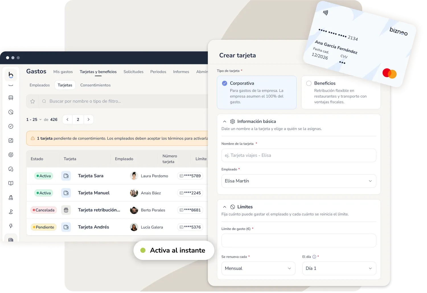 Creación de una tarjeta corporativa desde el perfil del empleado en Bizneo
