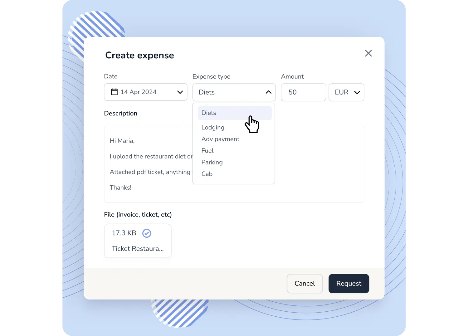 Expense receipt logging and upload