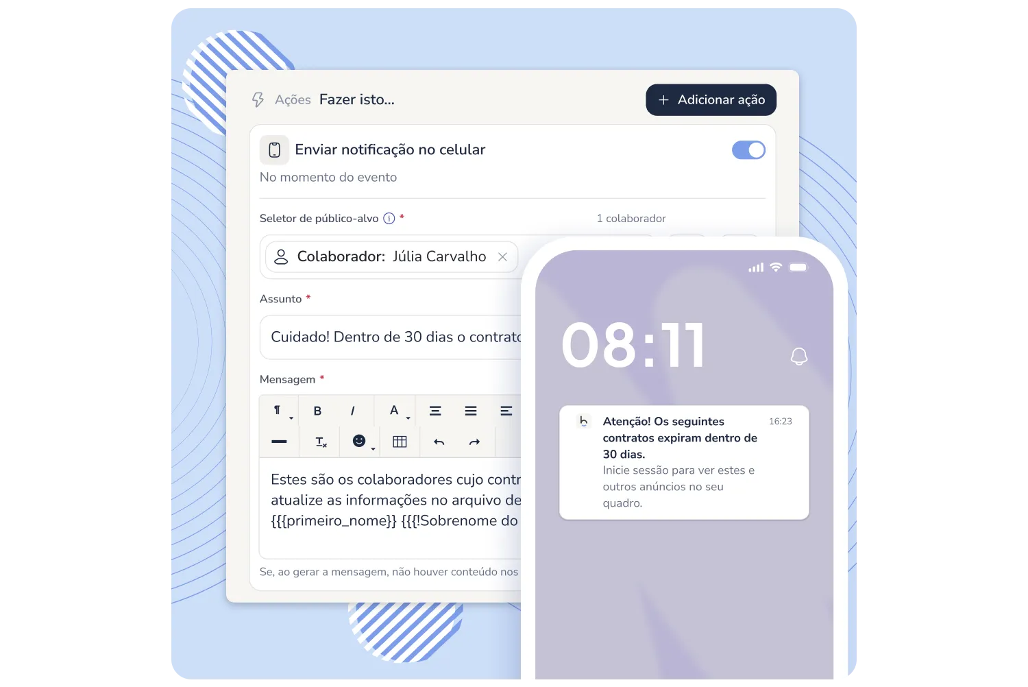 notificações push para colaboradores e gestores
