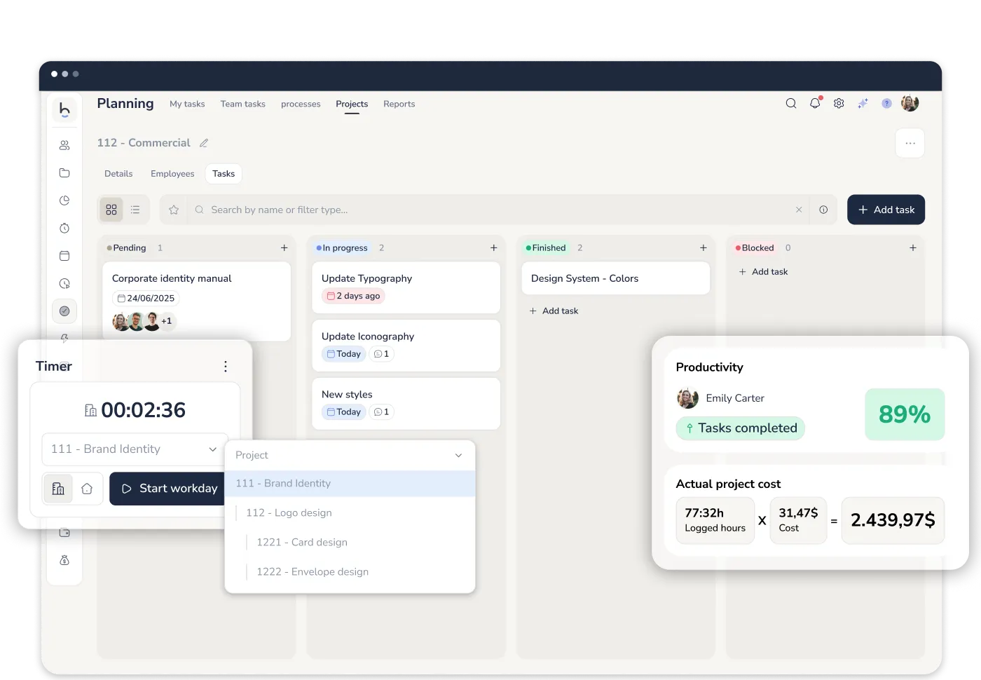 Project and task management software with real cost calculation