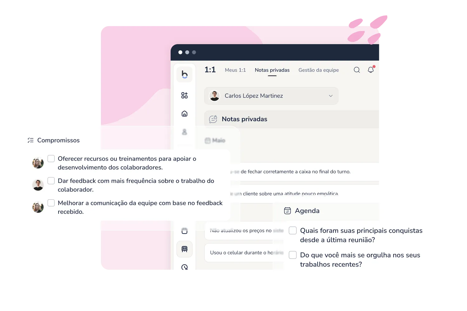 Reuniões one-to-one no Bizneo HR com agenda, notas privadas e compromissos