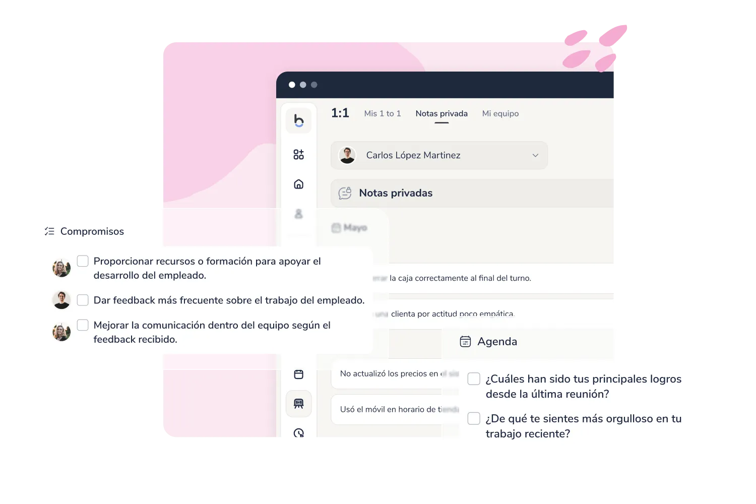Reuniones one to one en Bizneo HR con agenda, notas privadas y compromisos