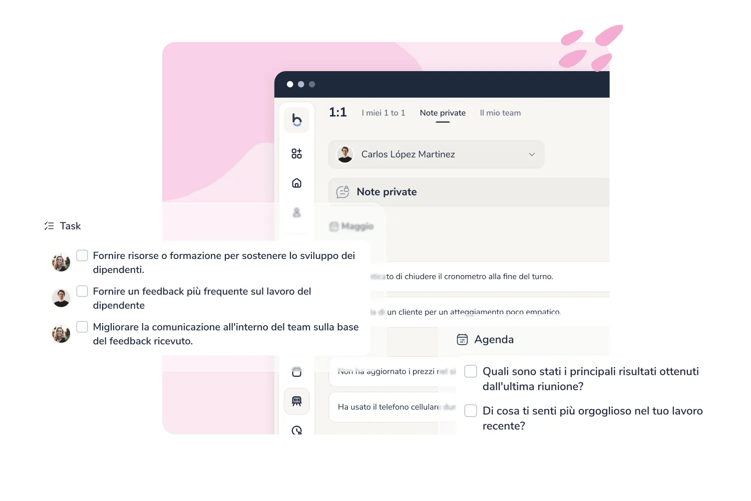 Riunioni one to one in Bizneo HR con agenda, note private e impegni