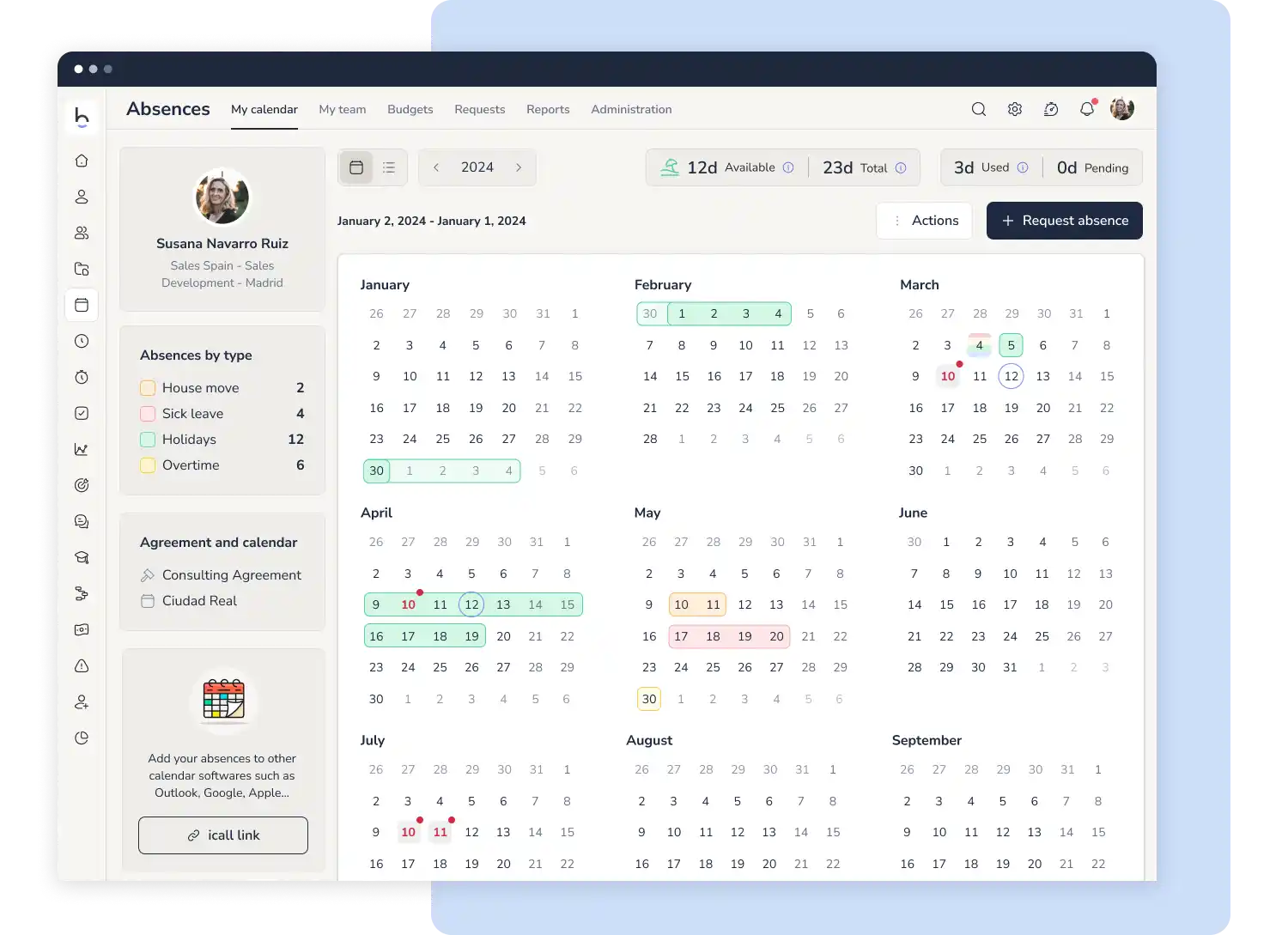 Time management software with leave and absence tracking