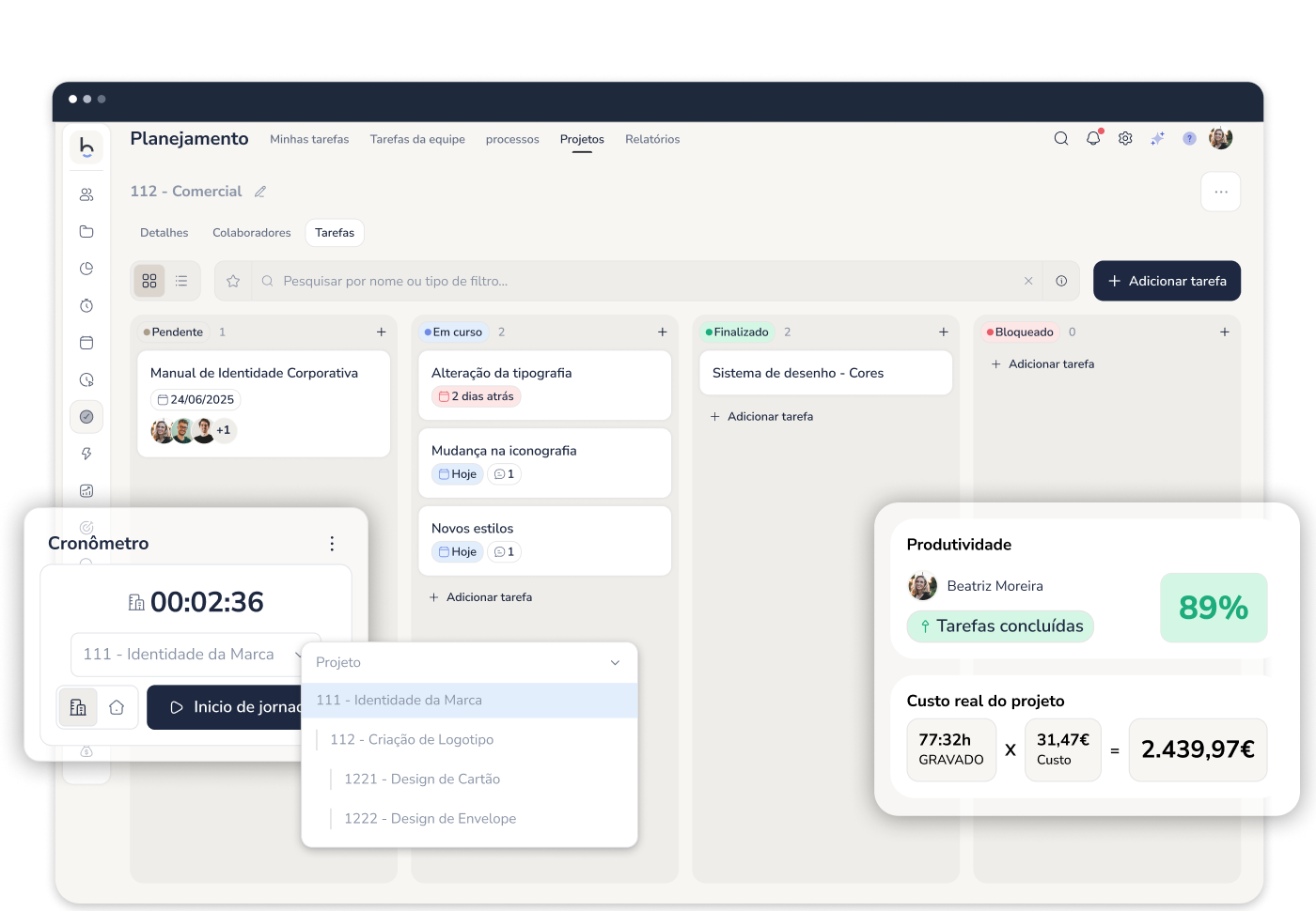 Software de gestão de projetos e tarefas com cálculo do custo real