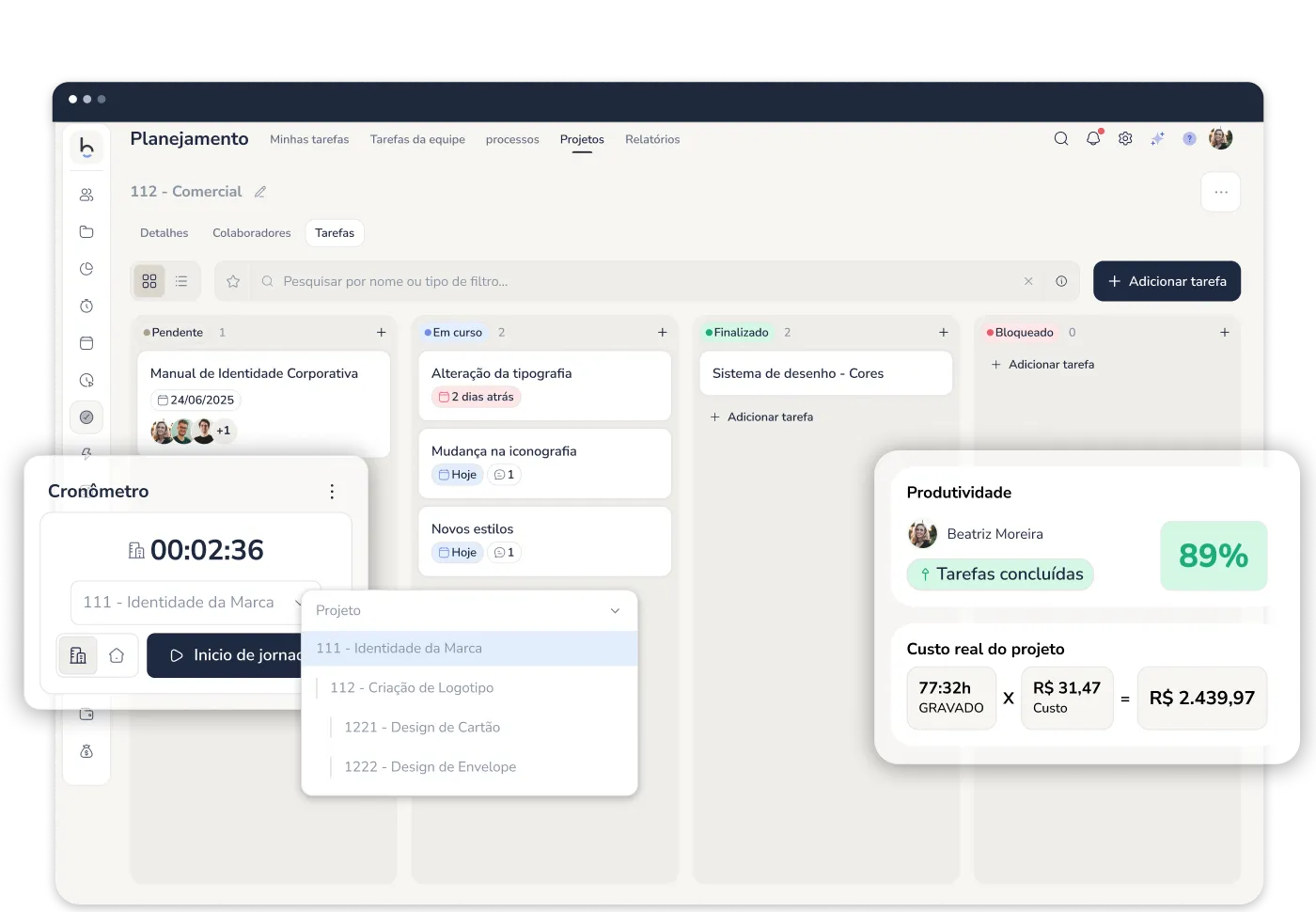 Software de gestão de projetos e tarefas com cálculo do custo real