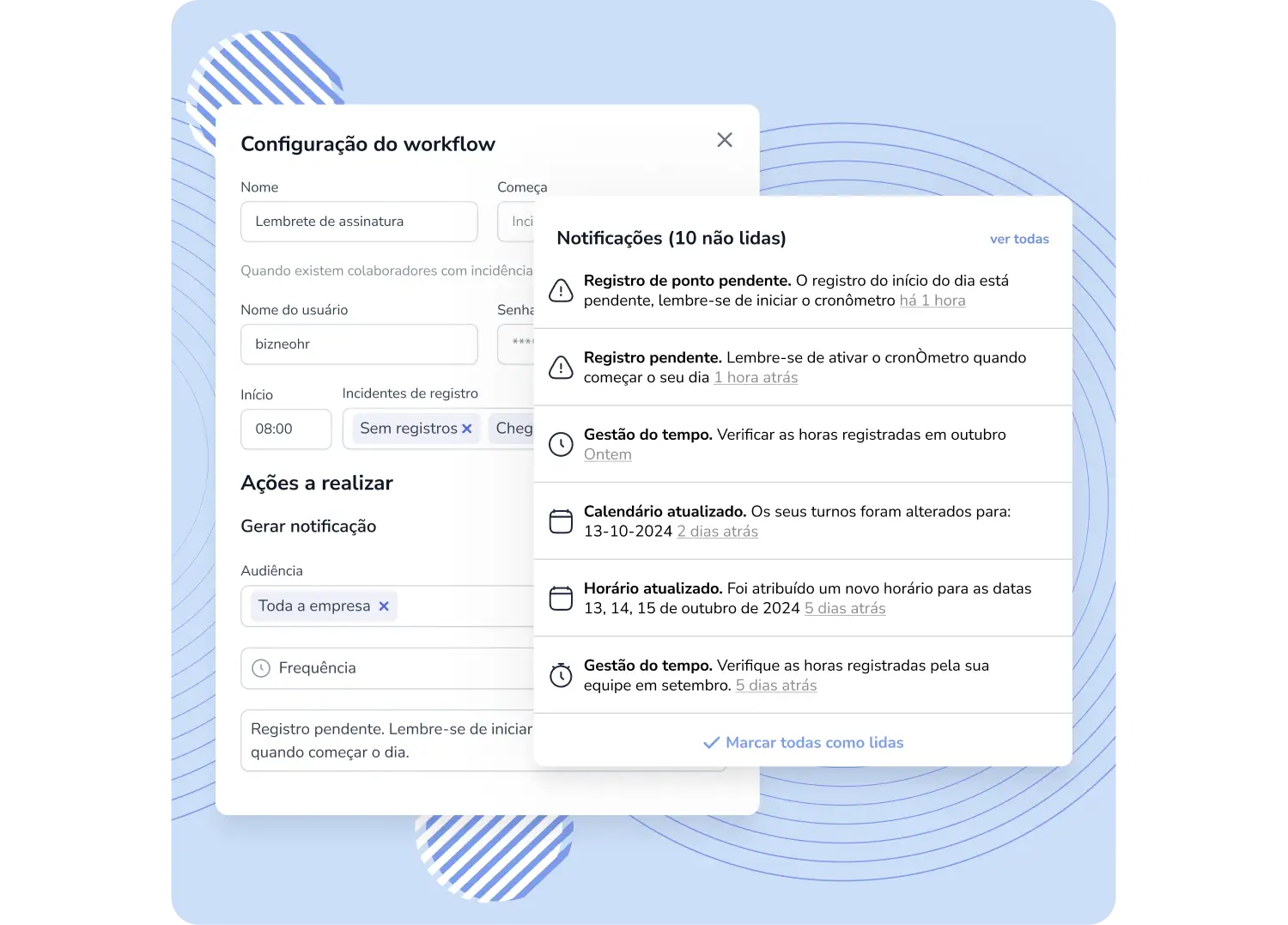 Notificação e avisos del controle de ponto