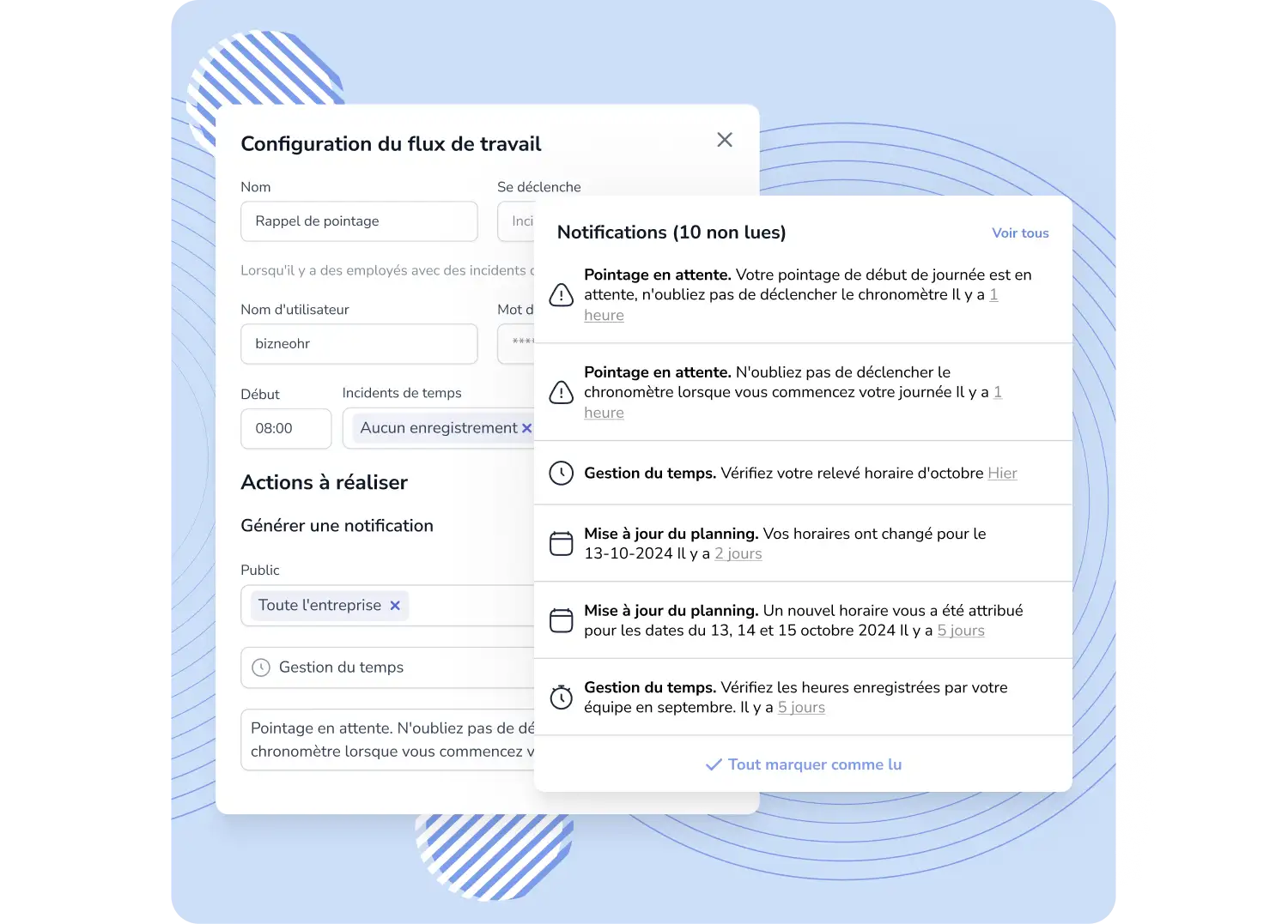 Notifications et workflows de gestion du temps de travail